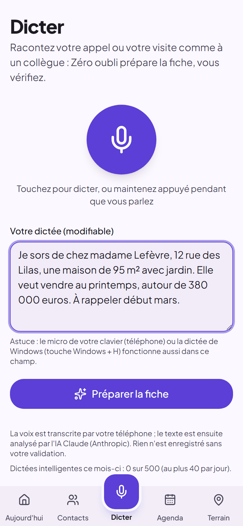 L'écran Dicter